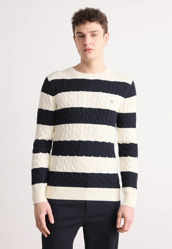 STRIPED CABLE C NECK - Strickpullover - evening blue