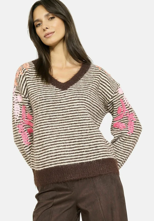 STRIPED EMBROIDERED  - Strickpullover - brown dark chocolate