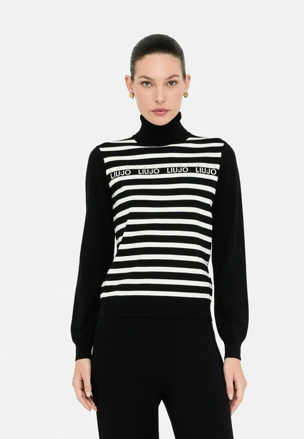 STRIPED POLO-NECK - Strickpullover - black