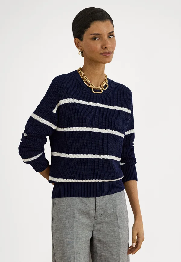 STRIPED RIB KNIT COTTON CREWNECK SWEATER - Strickpullover - refined navy/white