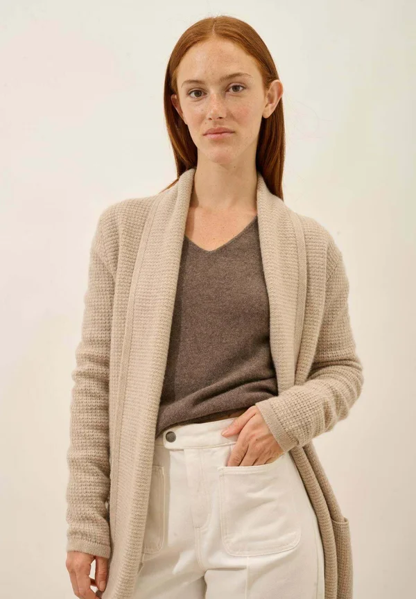 TARAPOTO PLY LONG OPEN WITH SHAWL COLLAR - Strickjacke - light heather camel
