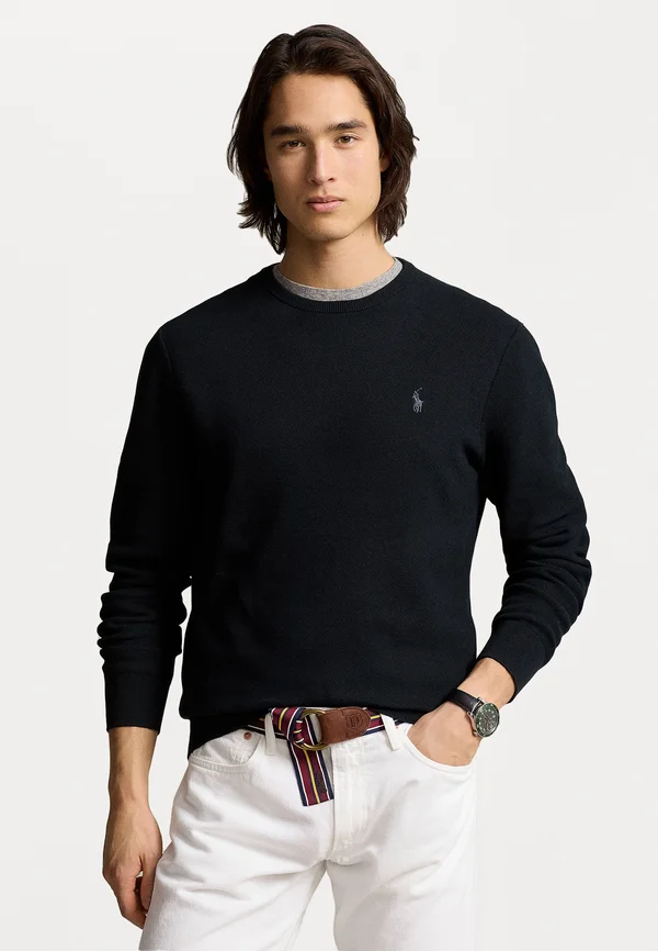 TEXTURED COTTON CREWNECK SWEATER - Strickpullover - black