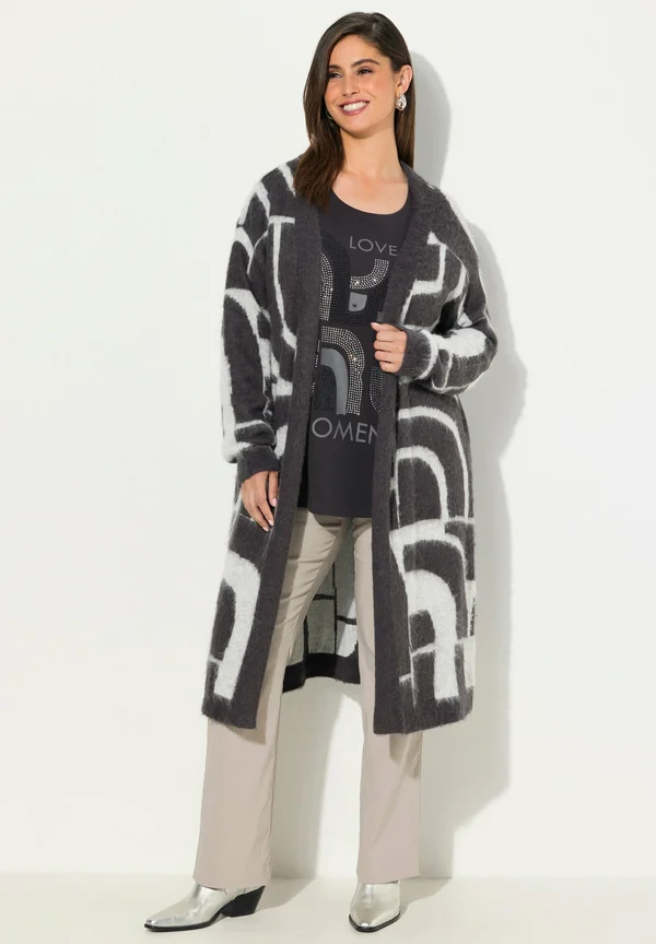 TEXTURED GEOMETRIC LONGLINE OPEN SHAPE - Strickjacke - ebony