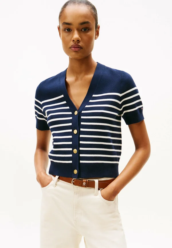 TONE BUTTON SHORT SLEEVE - Strickjacke - placed thin white stp sweaters