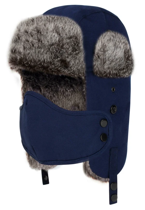 TSCHAPKA Wintermütze Fellmütze mit Maske Uschanka Fliegermütze - Mütze - navy