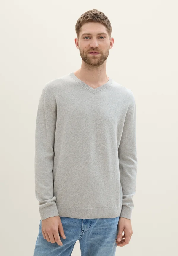 V-AUSSCHNITT - Strickpullover - bright stone grey melange