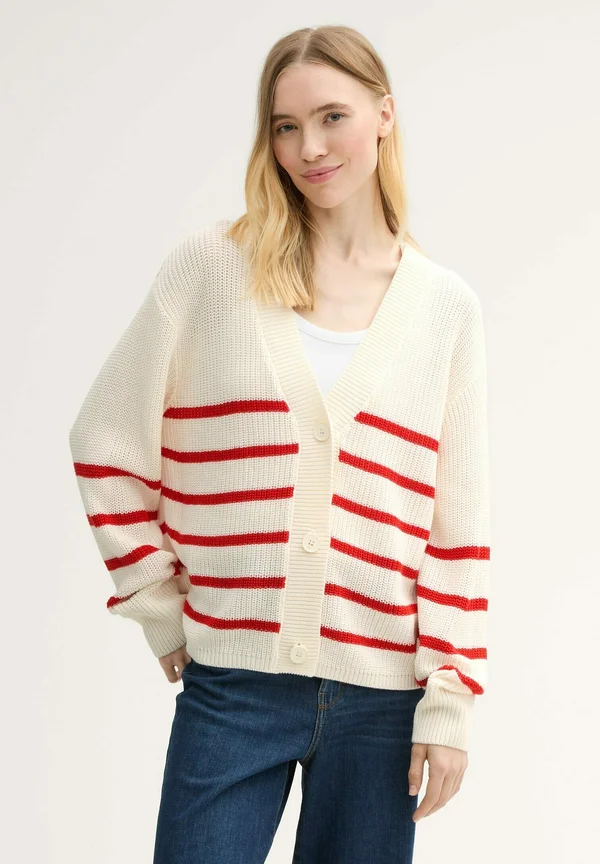 V NECK CARDIGAN - Strickjacke - placed white red stripe