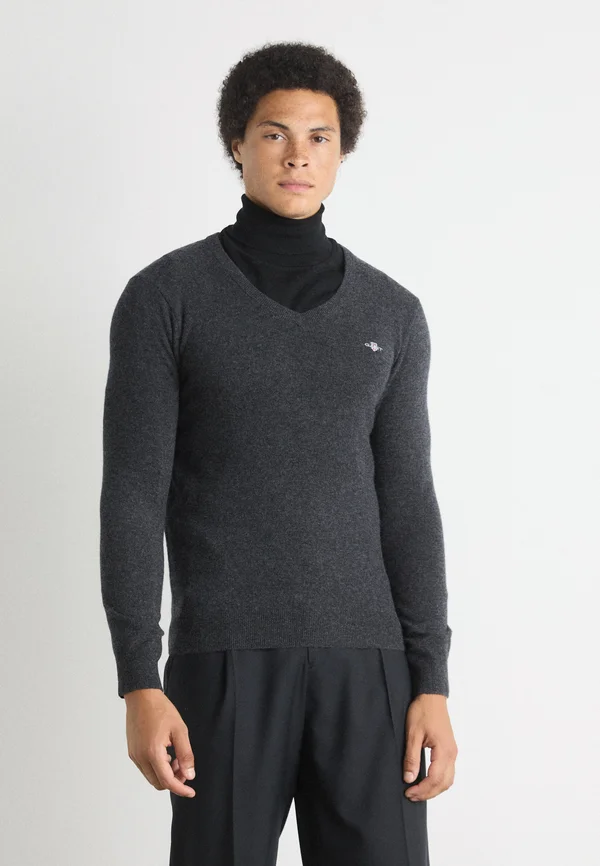 V NECK - Strickpullover - dark charcoal melange