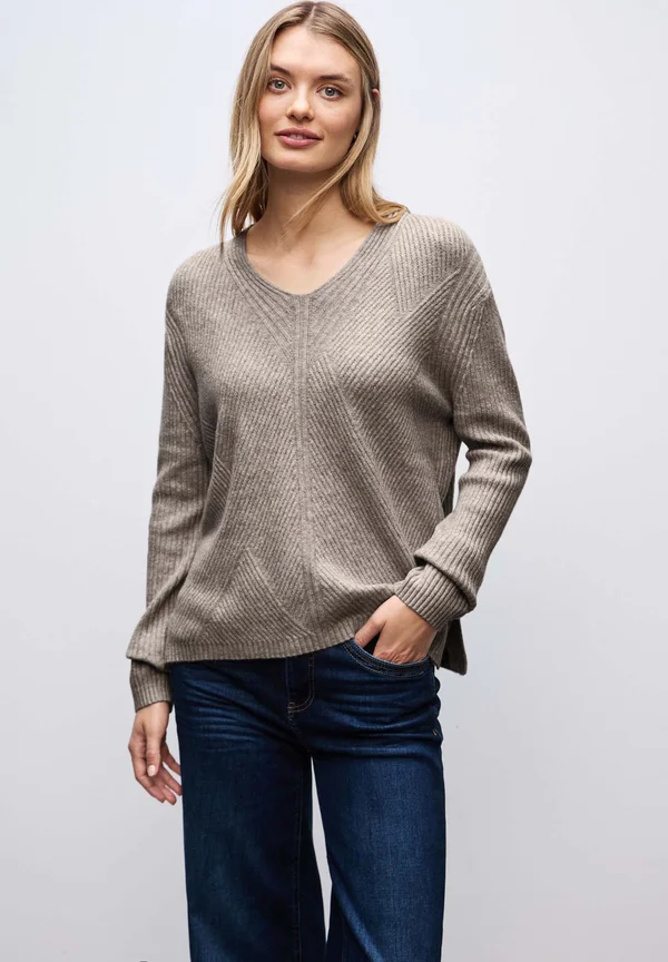 V-NECK STRUKTUR - Strickpullover - beige