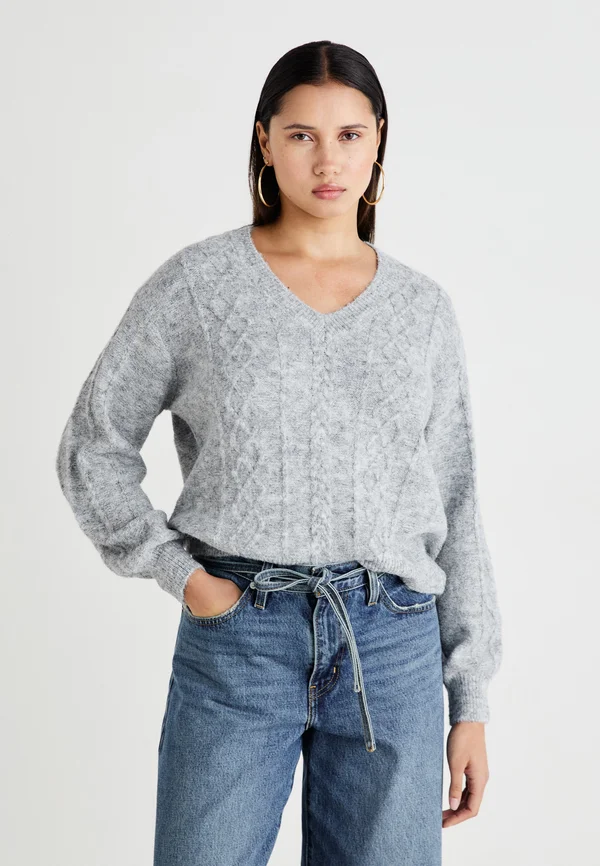 VISALLY V NECK - Strickpullover - medium grey melange