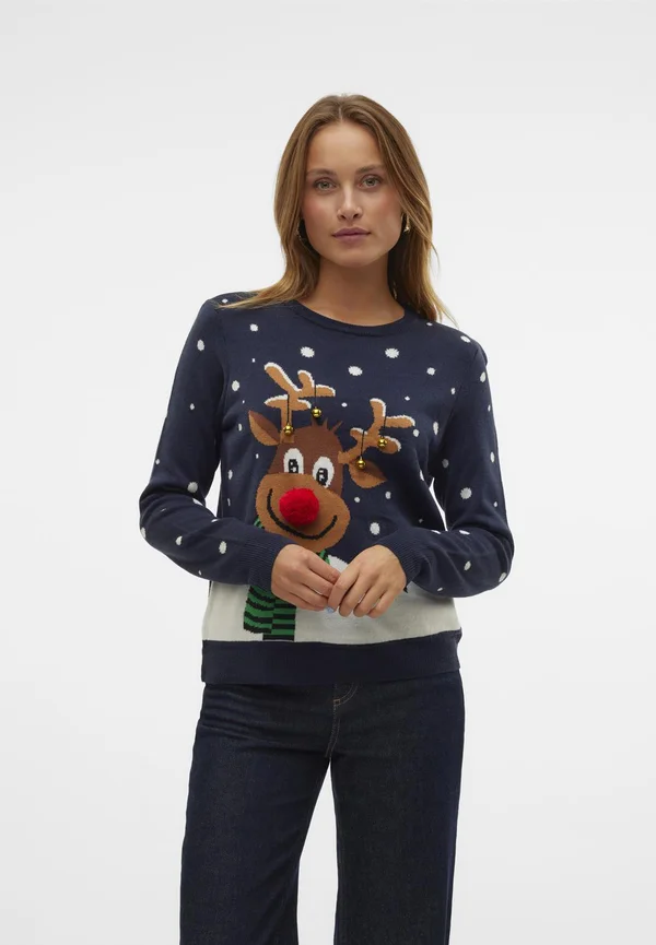 VMSNOWY DEER O NECK XMAS - Strickpullover - navy blazer/jelly bean/black/friar brown/snow white/lion