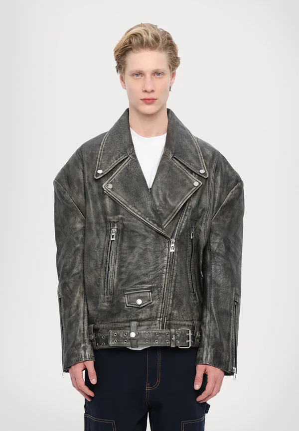 WASHED BIKER JACKET - Lederjacke - grey