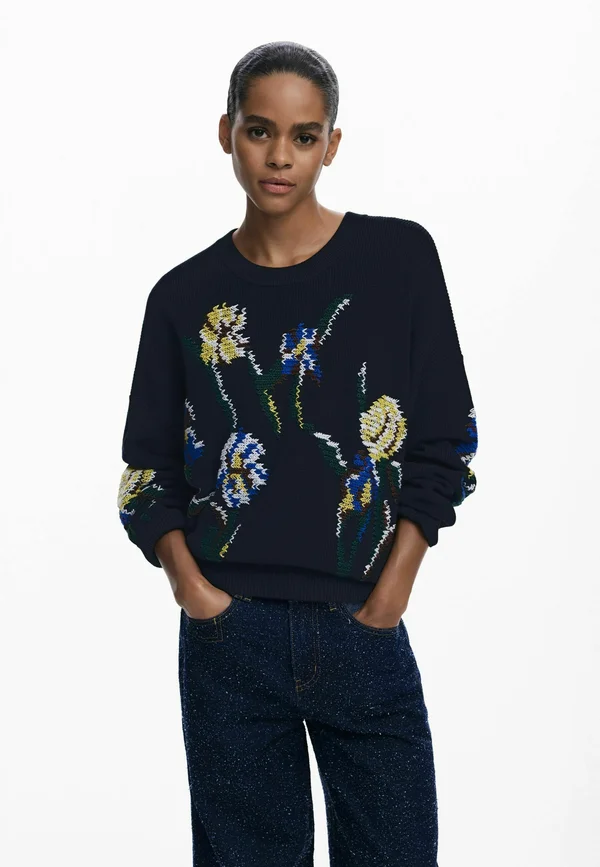 WITH EMBROIDERED-FLOWERS - Strickpullover - black