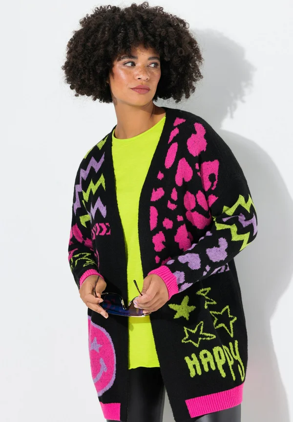 WITH SMILEY PATTERNS AND OPEN FRONT - Strickjacke - black